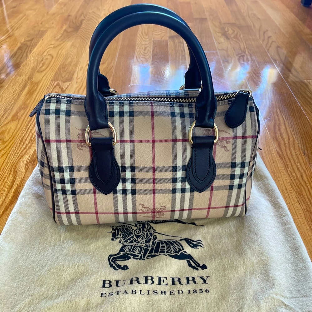Burberry Beige Vintage Check Top-Handle Satchel with Black Trim